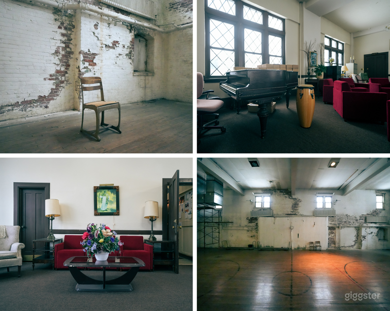  Basketball Gym with Exposed Brick and Vintage Offices 