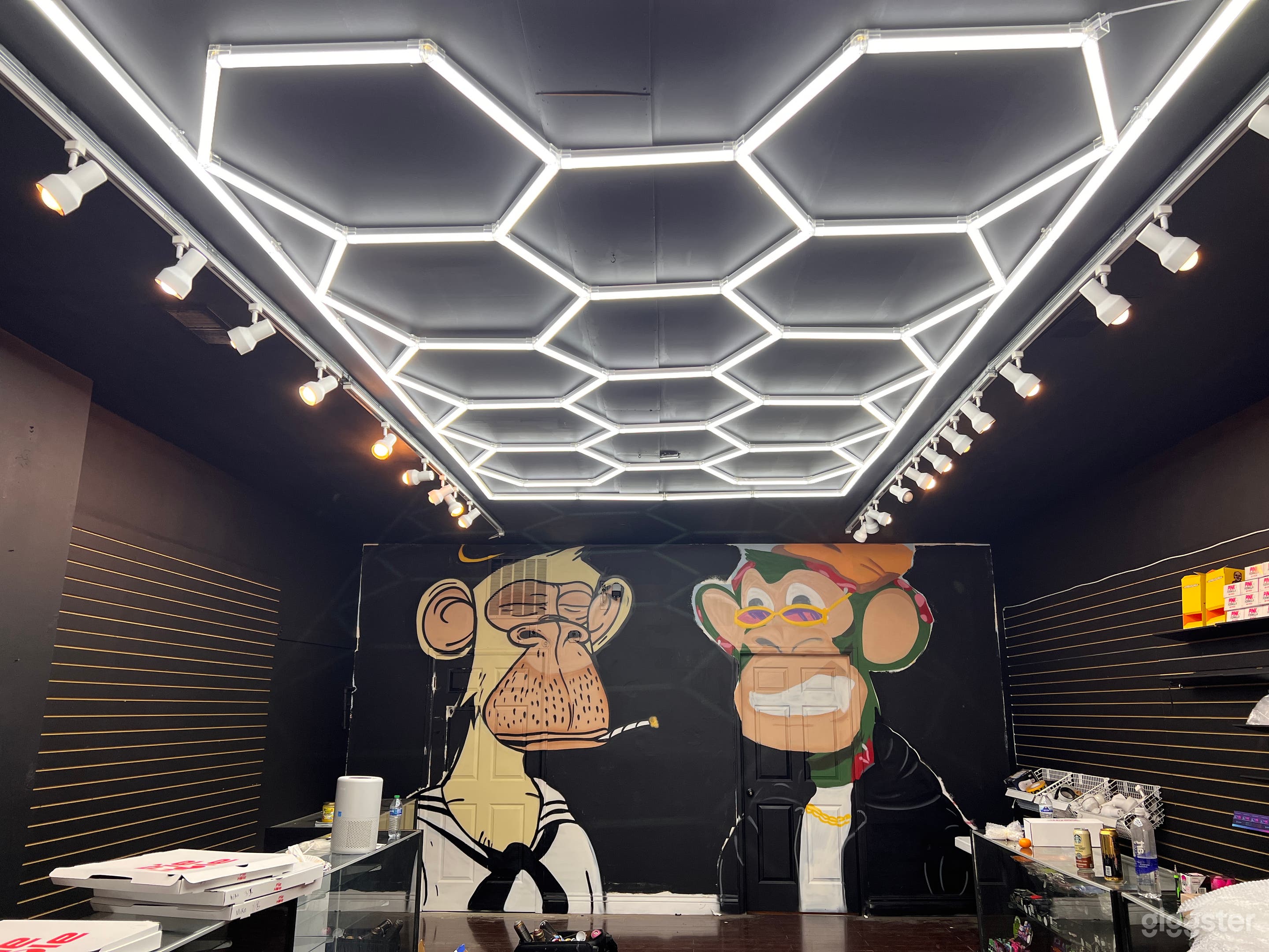 Inside, cases and product moved aside