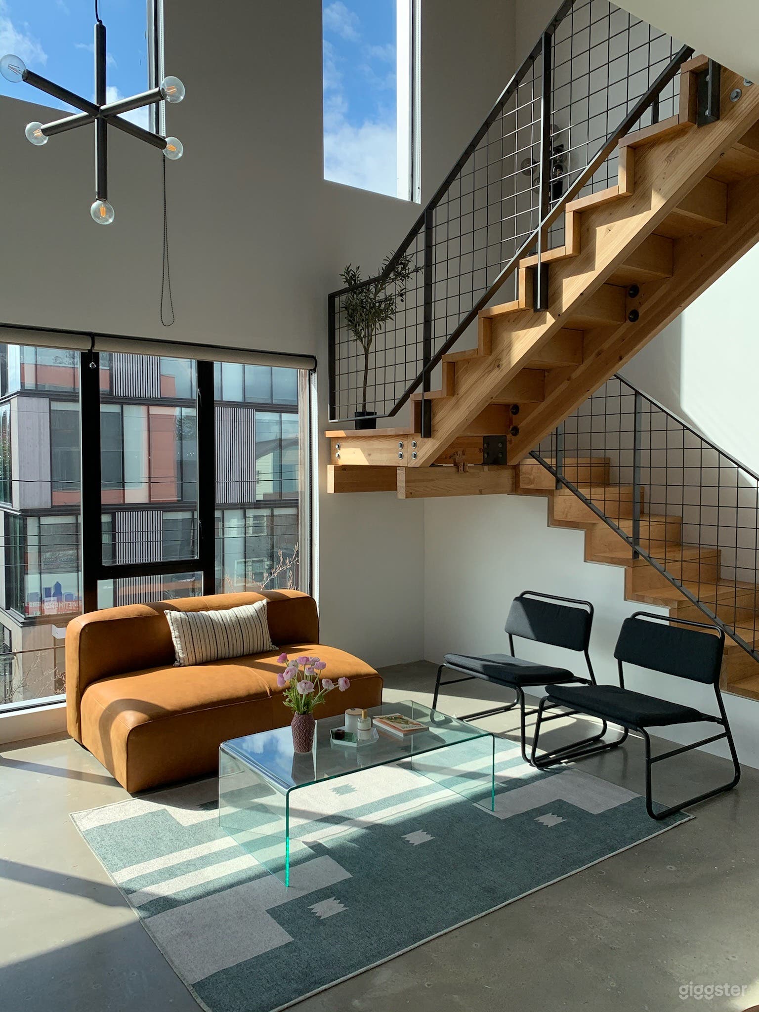 Corner shot of the staircase in the main room.