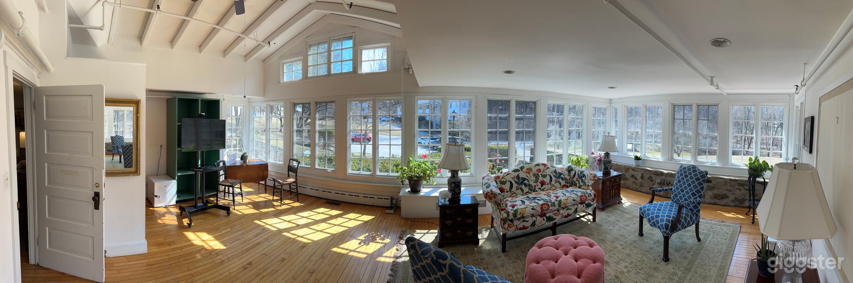 Sunroom - Wide angle shot distorts the space a bit. Tastefully decorated with hardwood floors. Right side of Old House when facing the building.