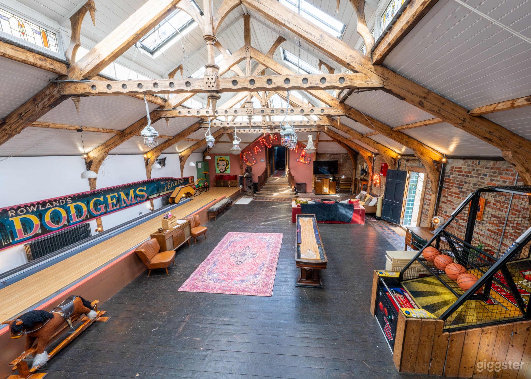 Grand Room with Vaulted Ceiling, Bowling Alley and open plan living