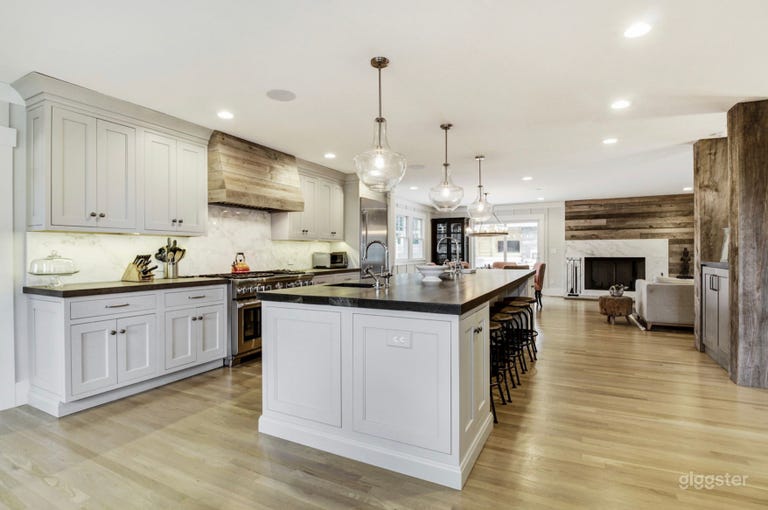  12&#x27; island, rustic yet polished, concrete and wood counter tops all stainless appliances- open concept 