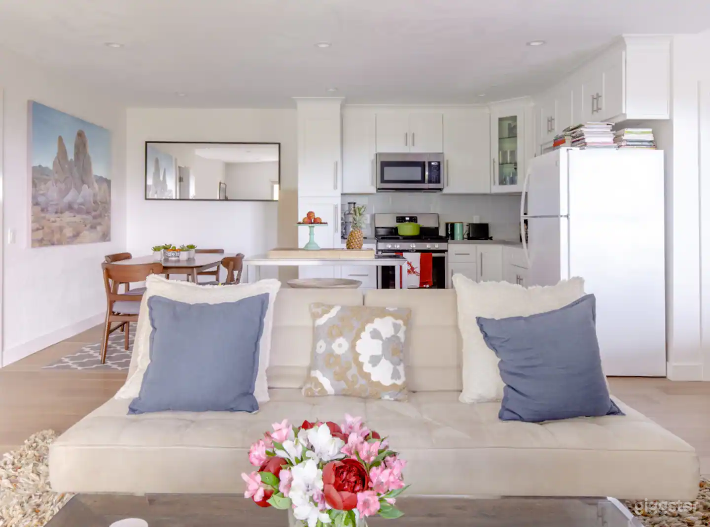 Living room to kitchen and open dining room