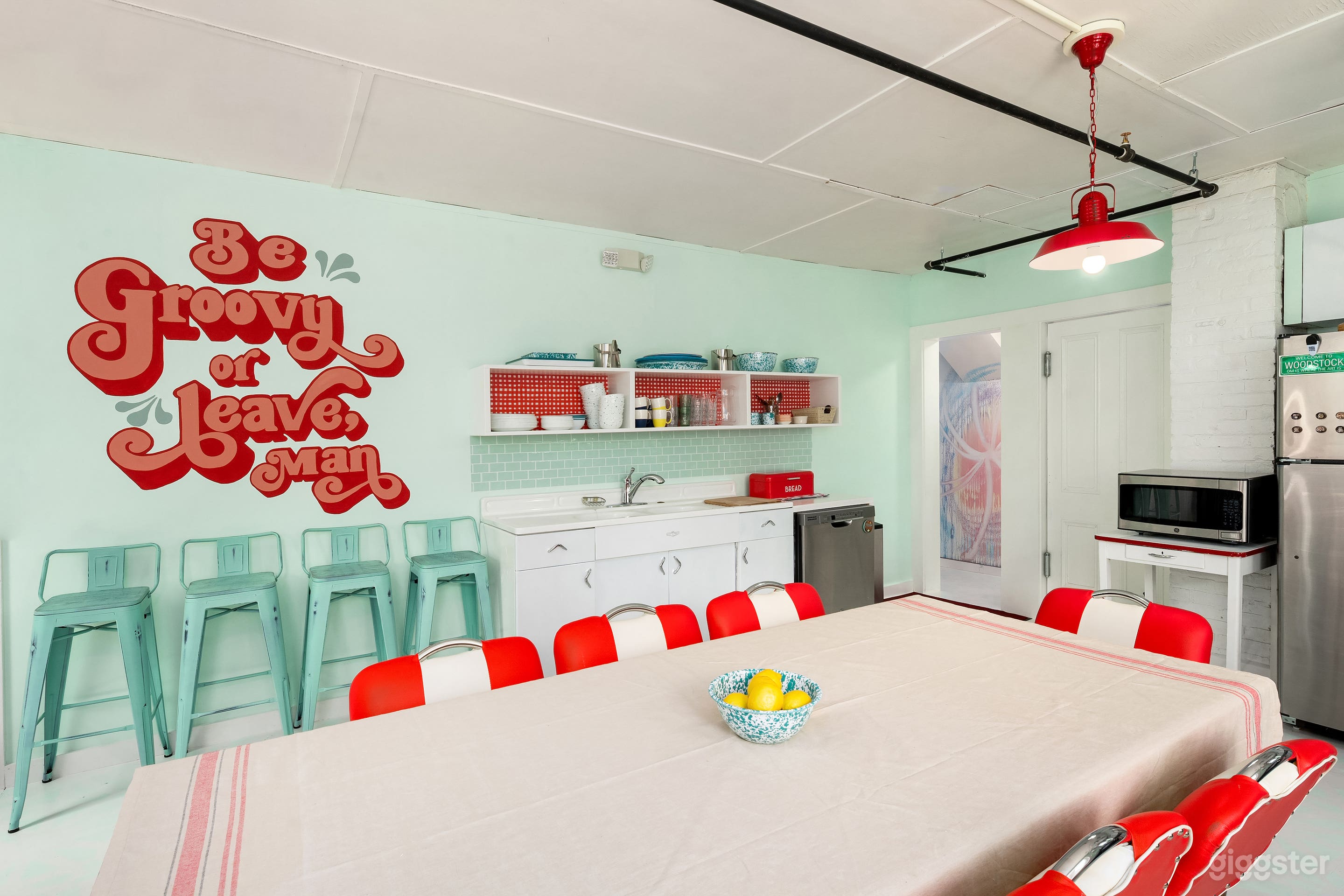 Large renovated kitchen area in vintage retro theme