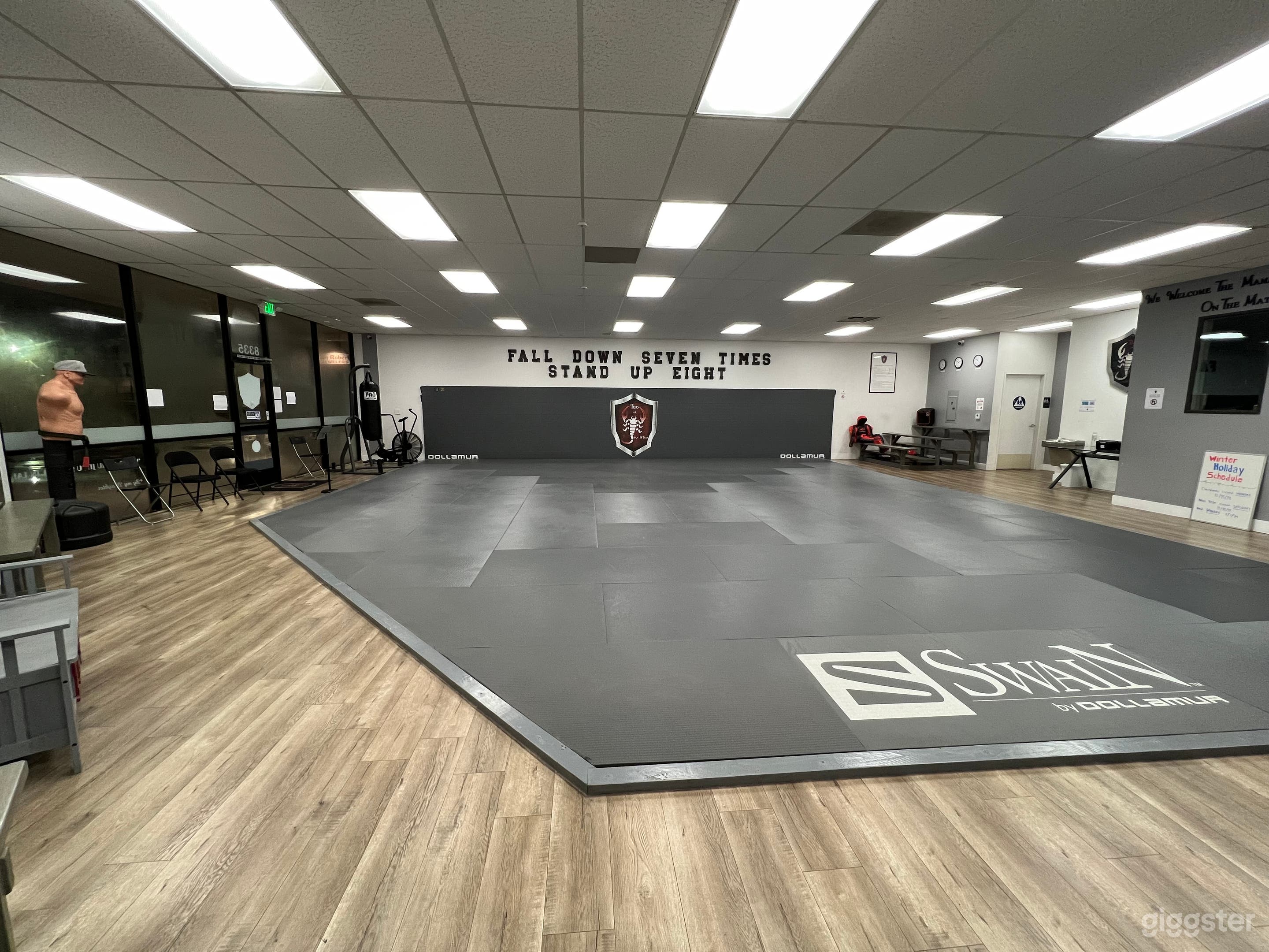 2,400sf with mostly mat space and seating around the studio. WiFi, TV and Bluetooth audio connection available. 