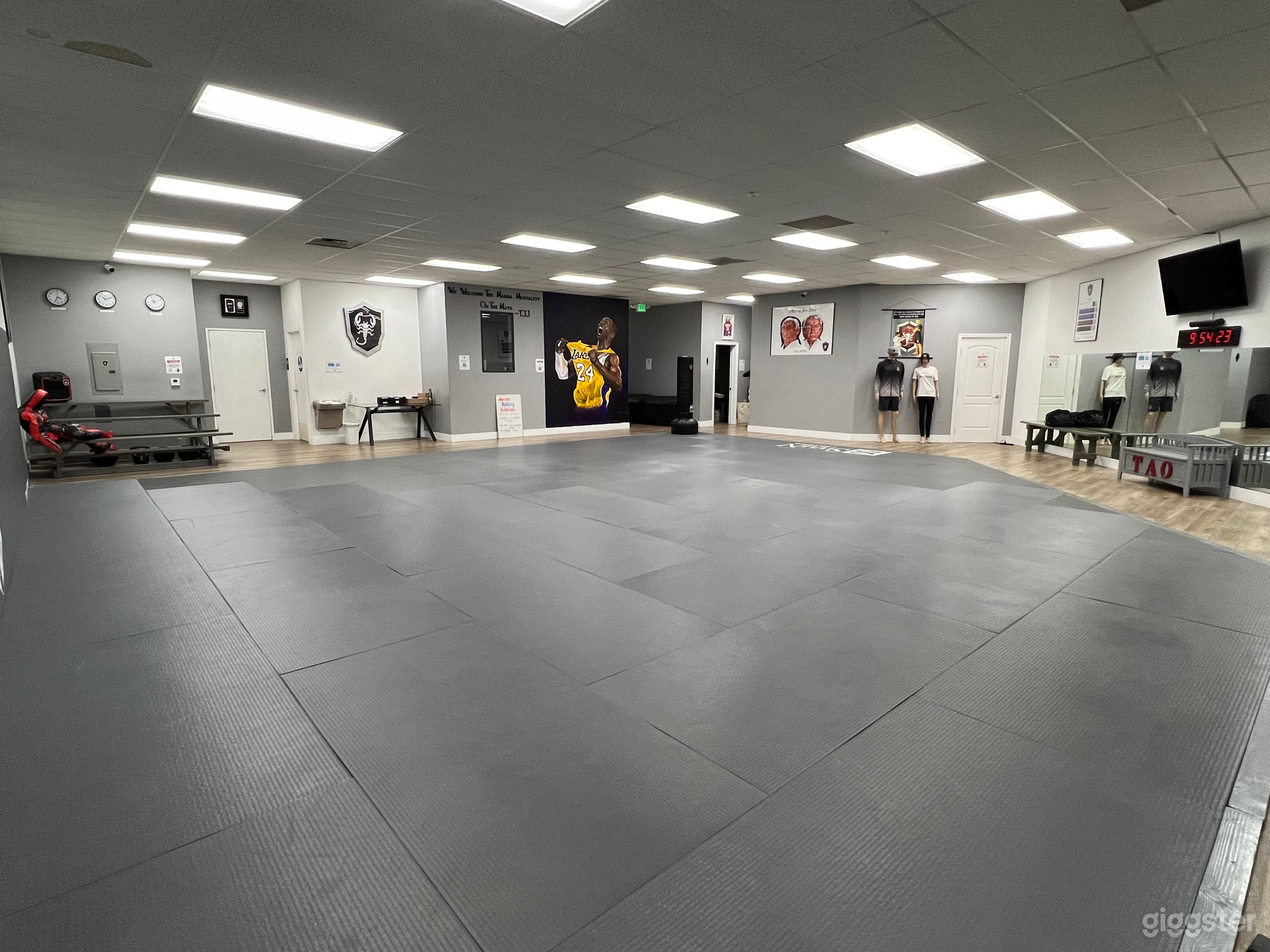 2,400sf with mostly mat space and seating around the studio. WiFi, TV and Bluetooth audio connection available. 