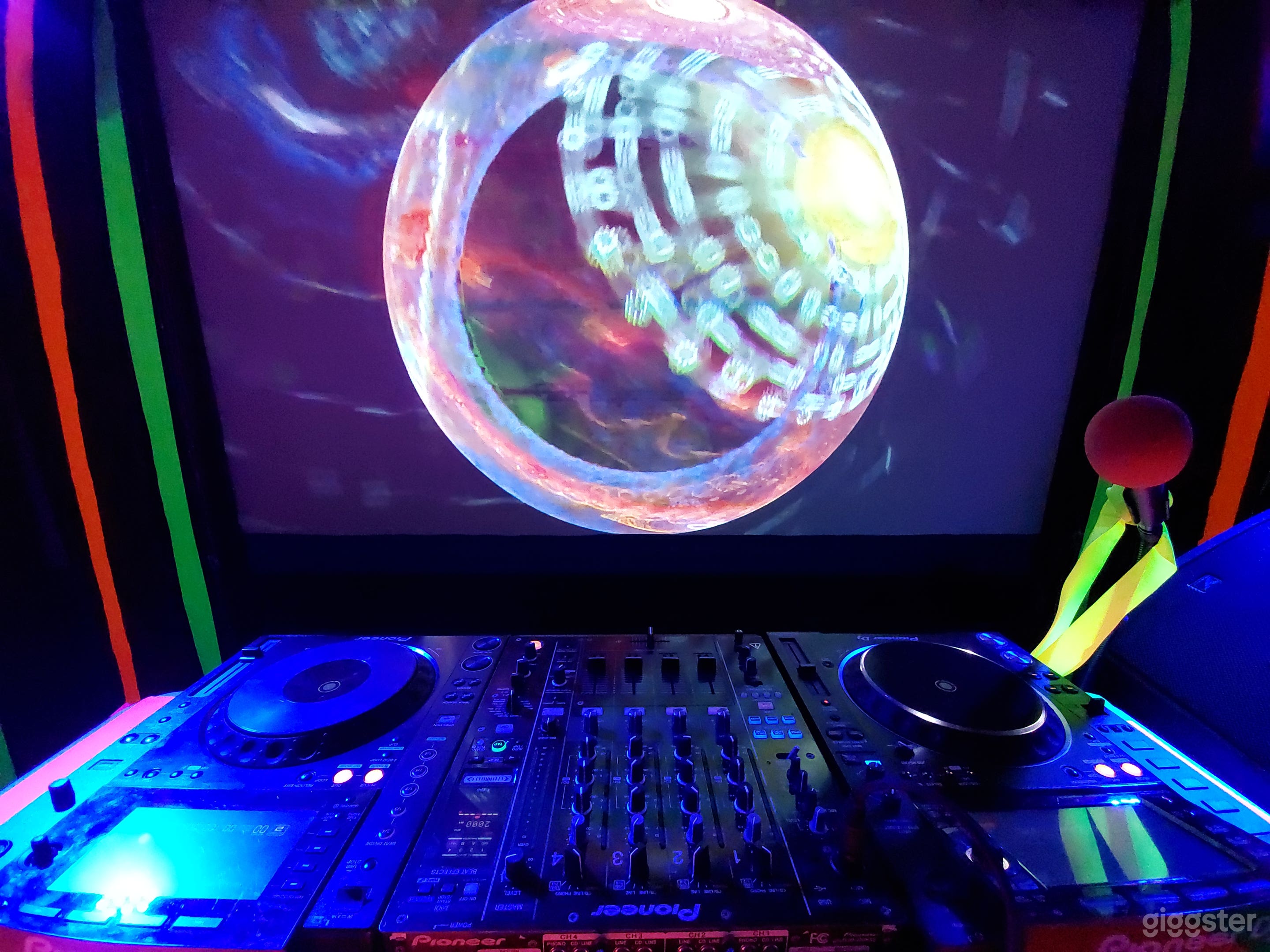 DJ to the world. Dynamic graphics projected background - changes to your music. 