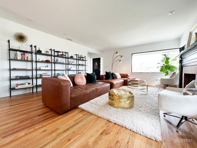  Library wall, Italian mid-century modern lighting, fireplace with red brick and black wood mantle  