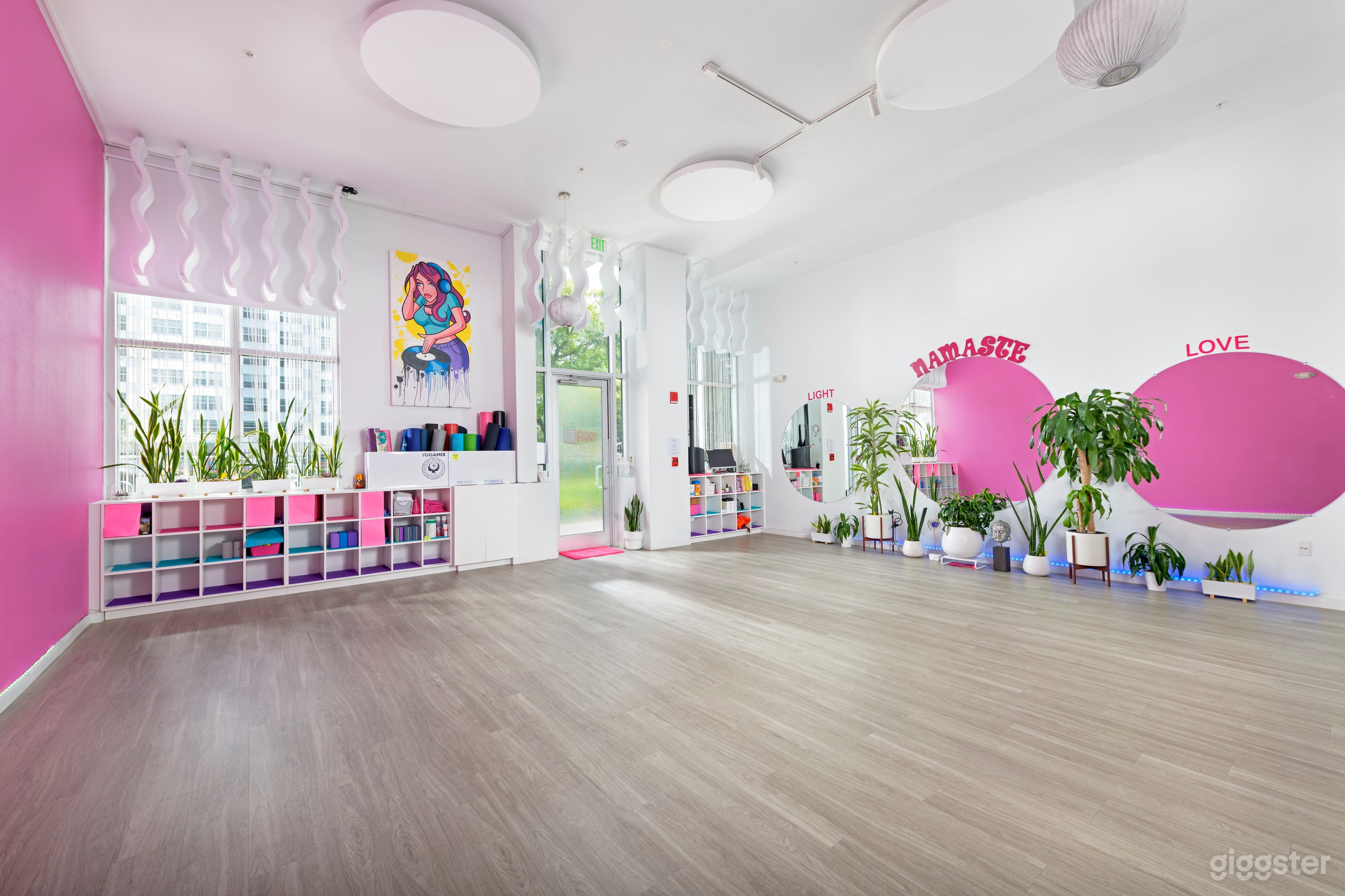Chic Sunlight Yoga Studio in a Barbie-Pink Theme Style Interior Photo 1