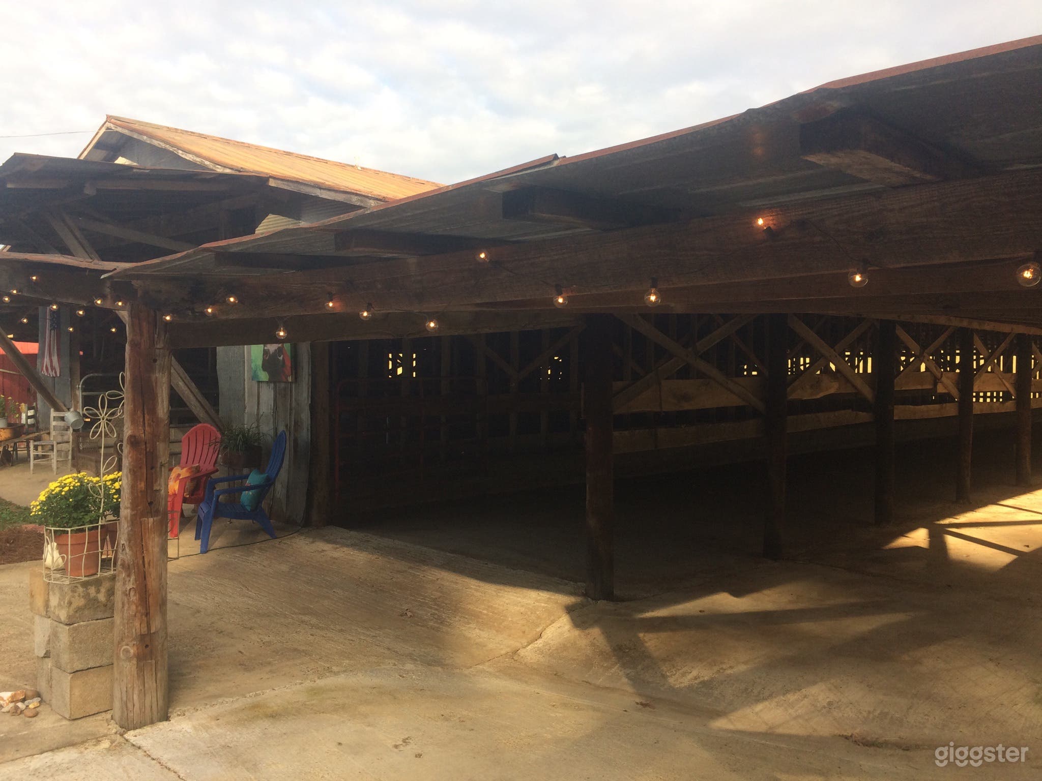 Cafe lights available along the front exterior of our large cattle barn. 