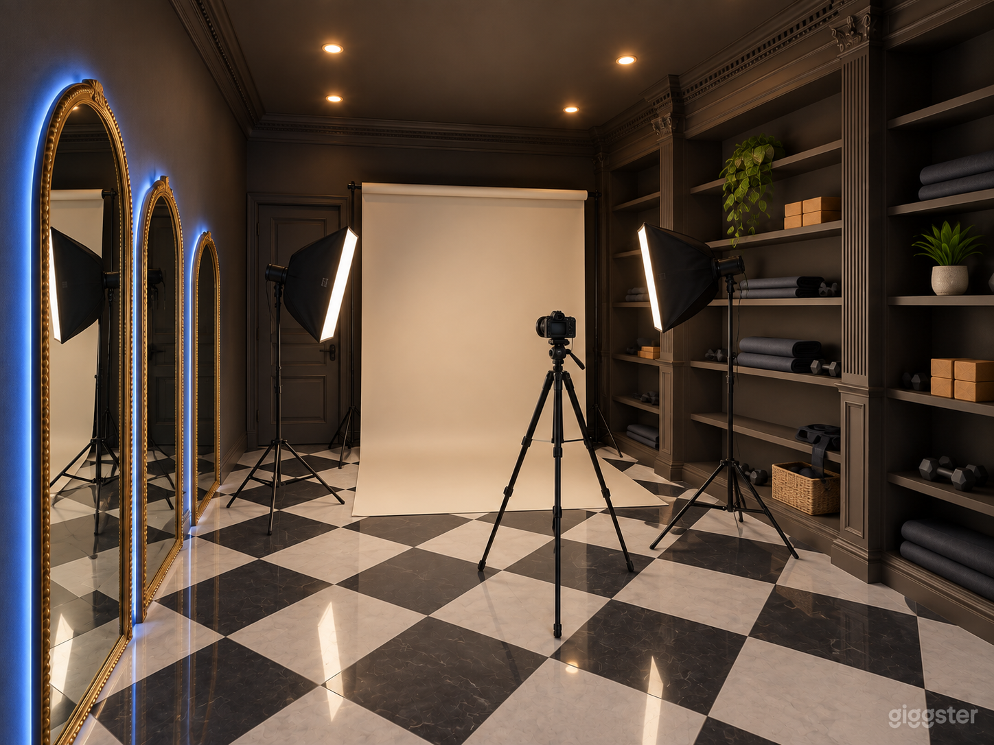 Moody Charcoal Studio with Checkered Marble Floors Photo 1