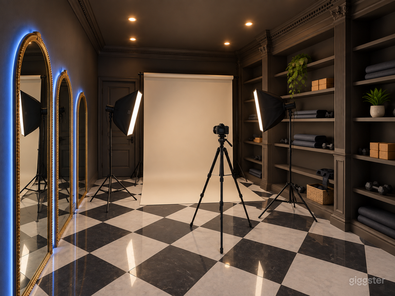  Moody Charcoal Studio with Checkered Marble Floors 