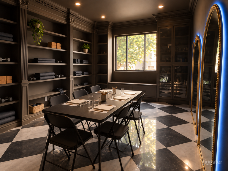  Moody Charcoal Studio with Checkered Marble Floors 