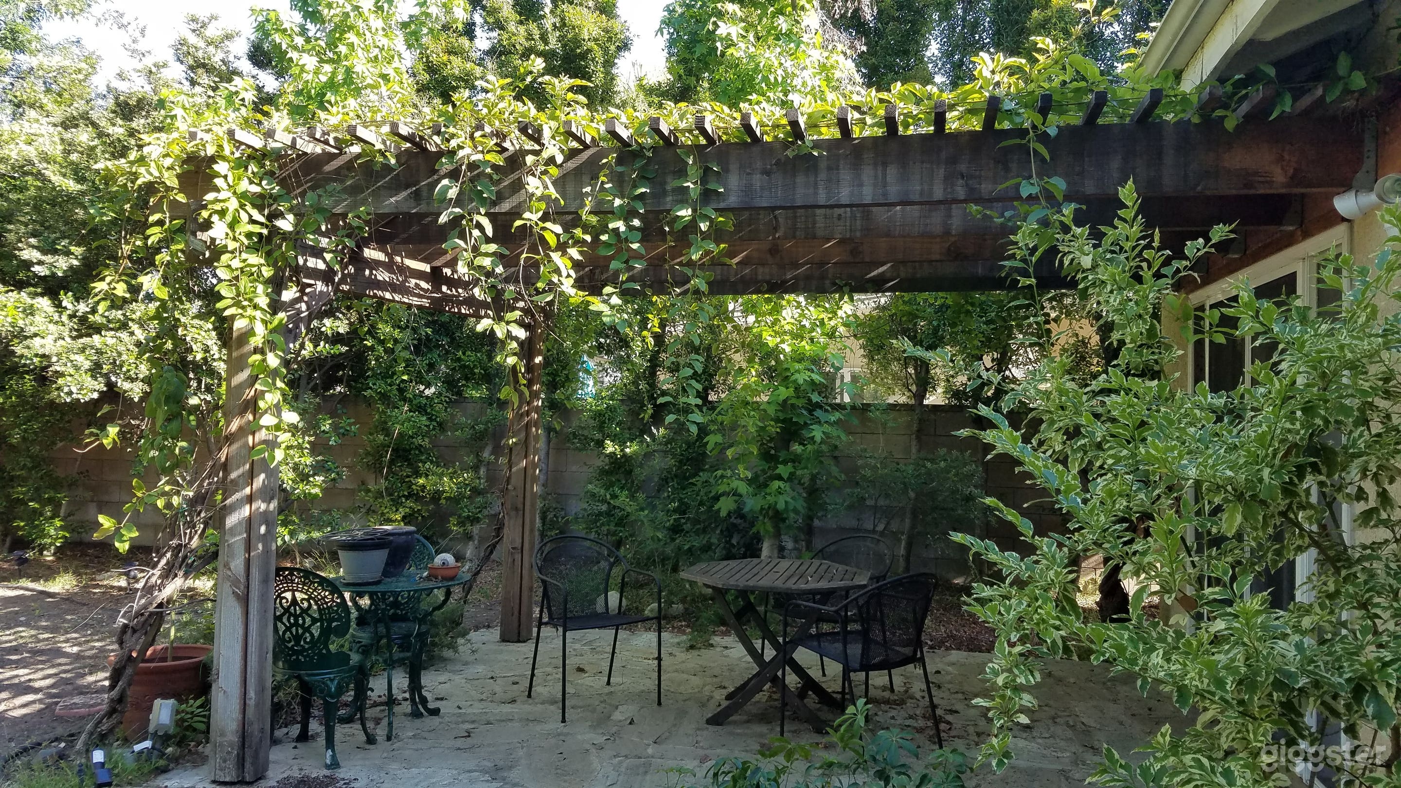 Outdoor patio, flagstone and mature greenery.