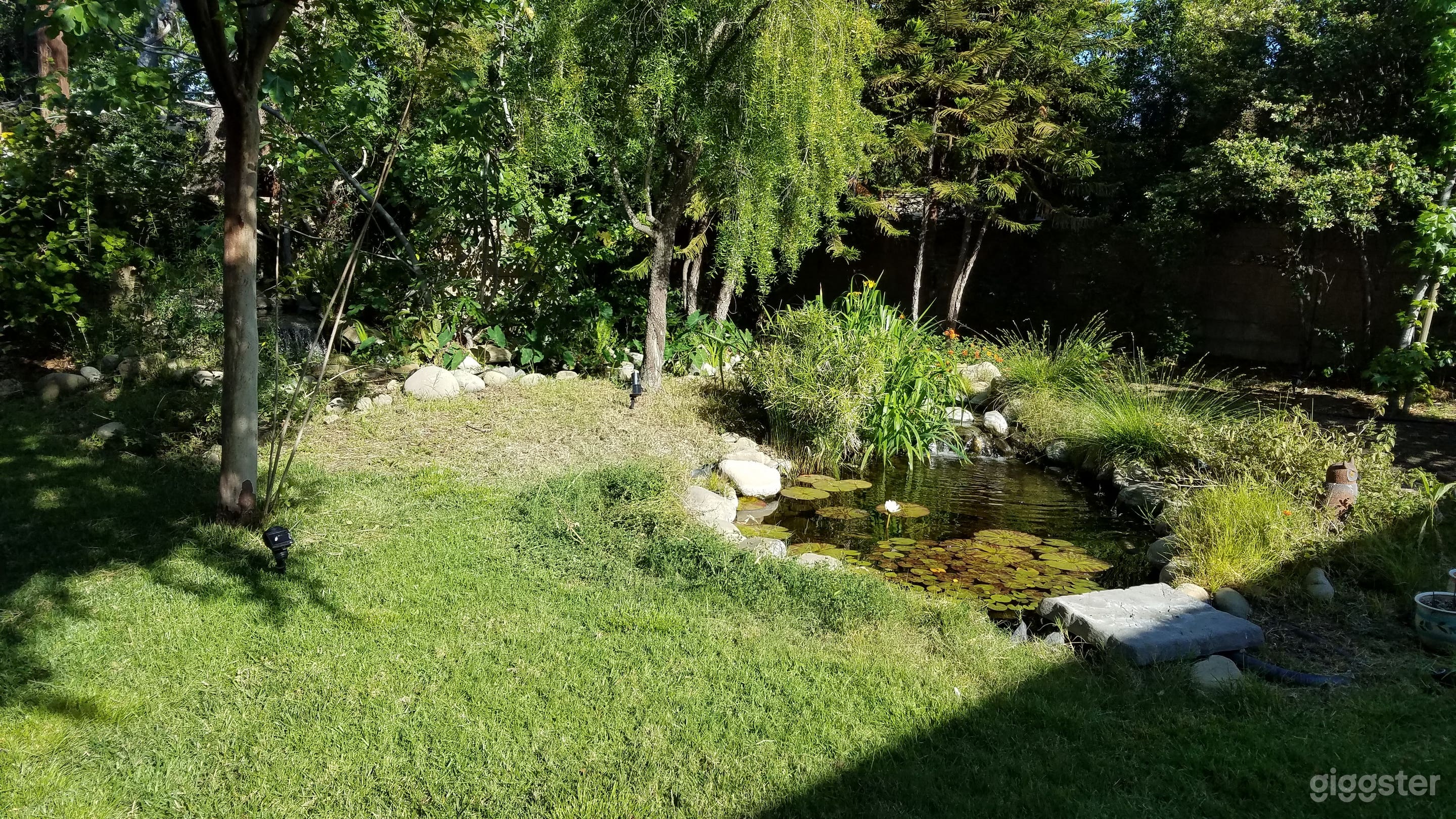 Lovely, quiet backyard with 11' koi pond, waterfall and stream.