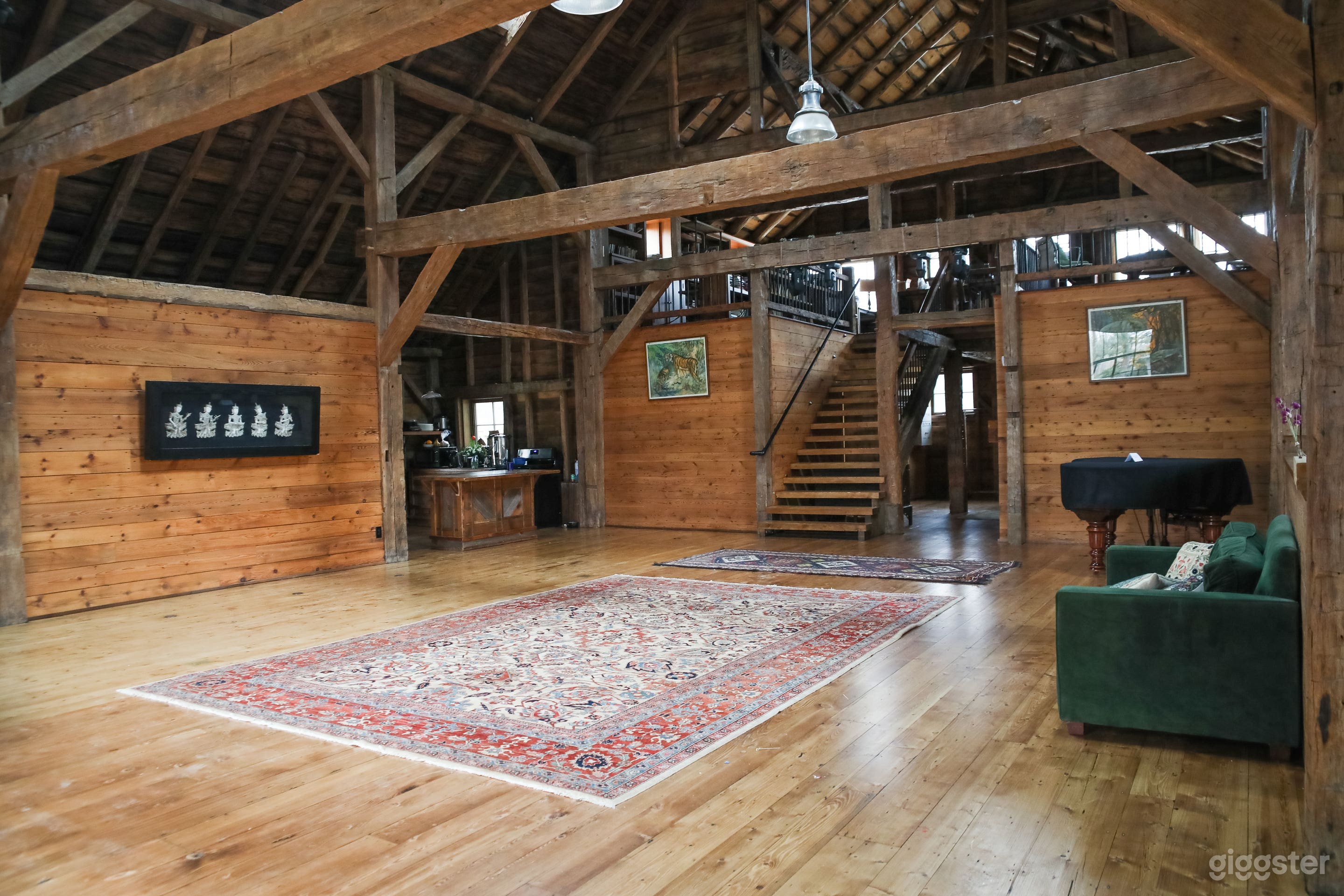 Main room of barn with exposed beams