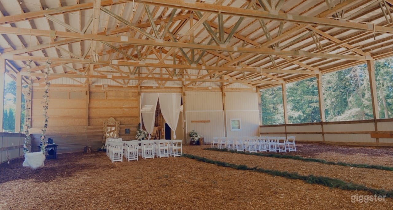 7200 sqft horse arena with parking lot in back, 4 stables, RV hookups, and well water.