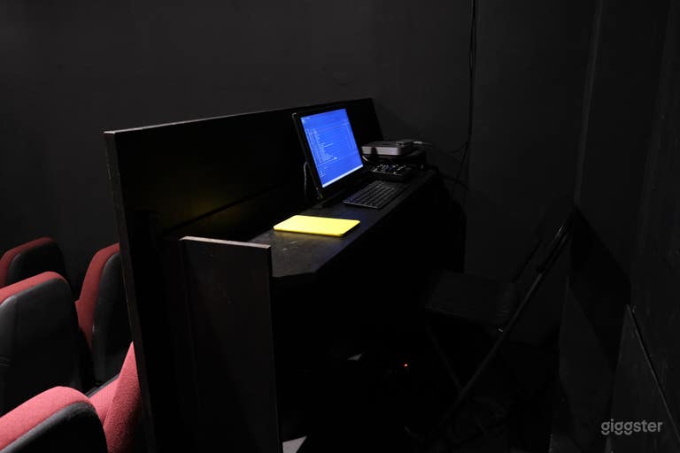  Tech booth with Mac Mini (QLab 5 Free Version) and yellow iPad (QLab Remote) 