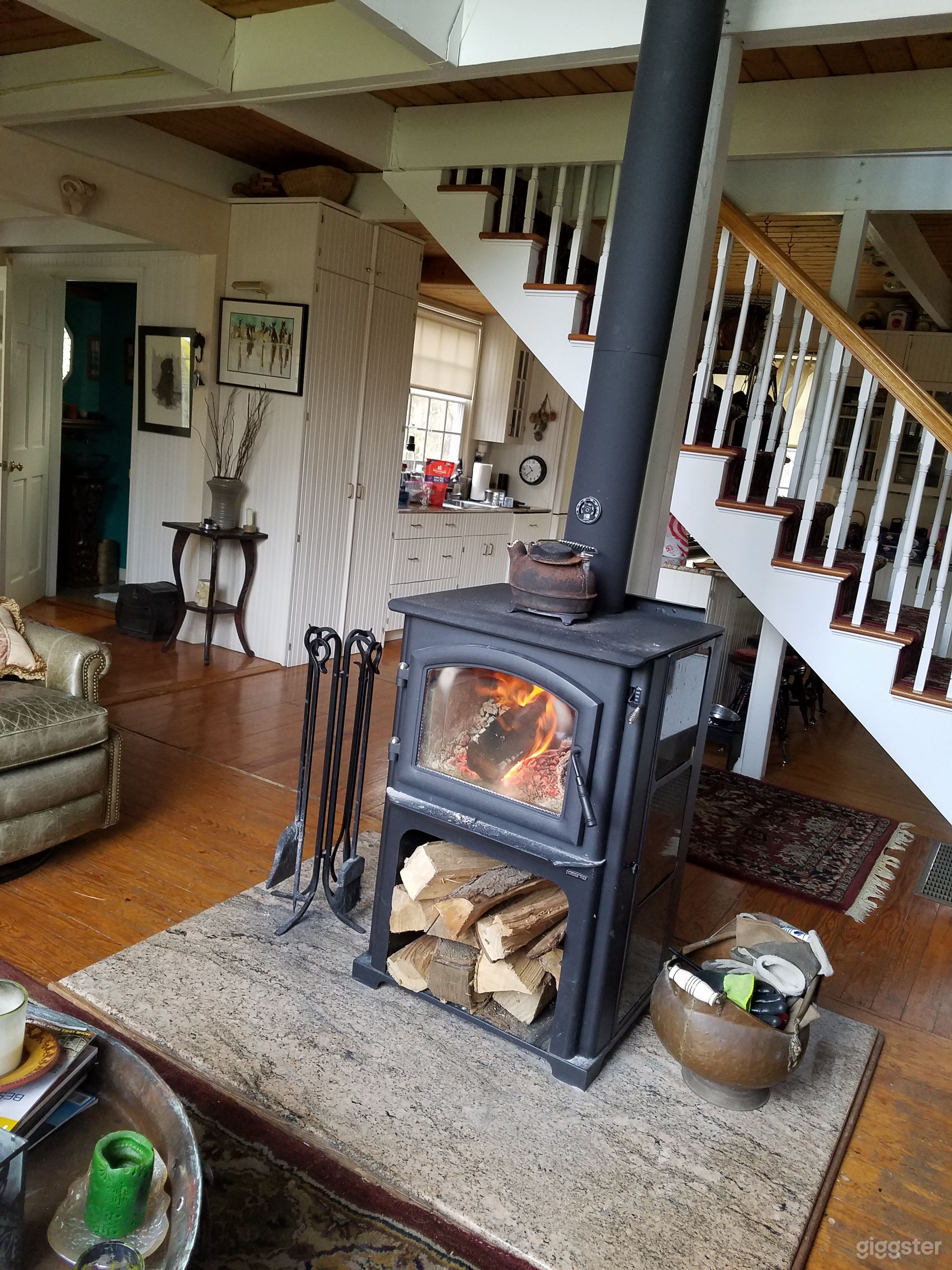 Glass front wood burning stove/fireplace.