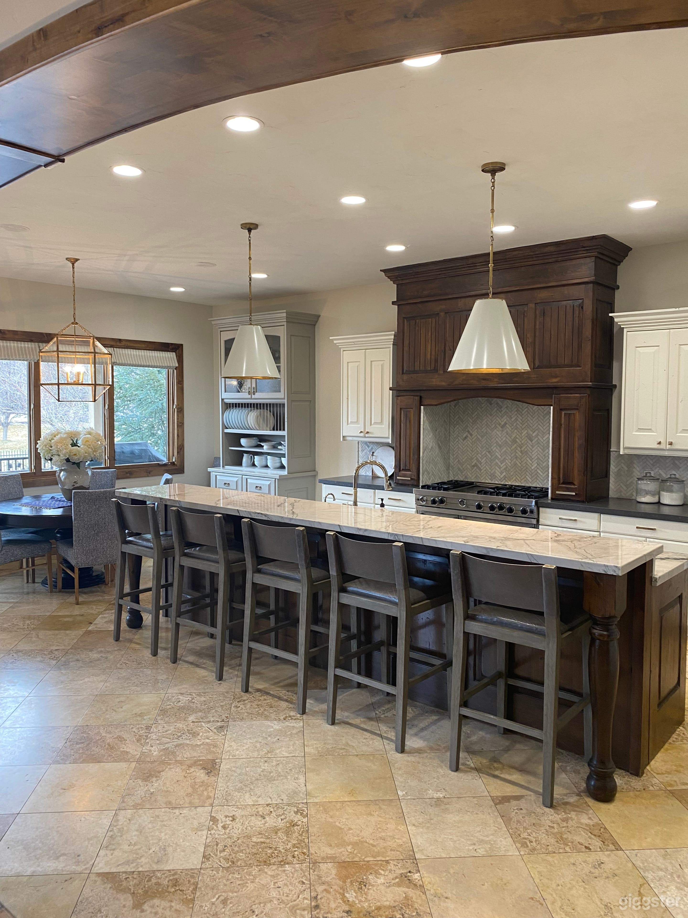 Kitchen with Viking Stove, double fridge/freezer, large bar and kitchen nook