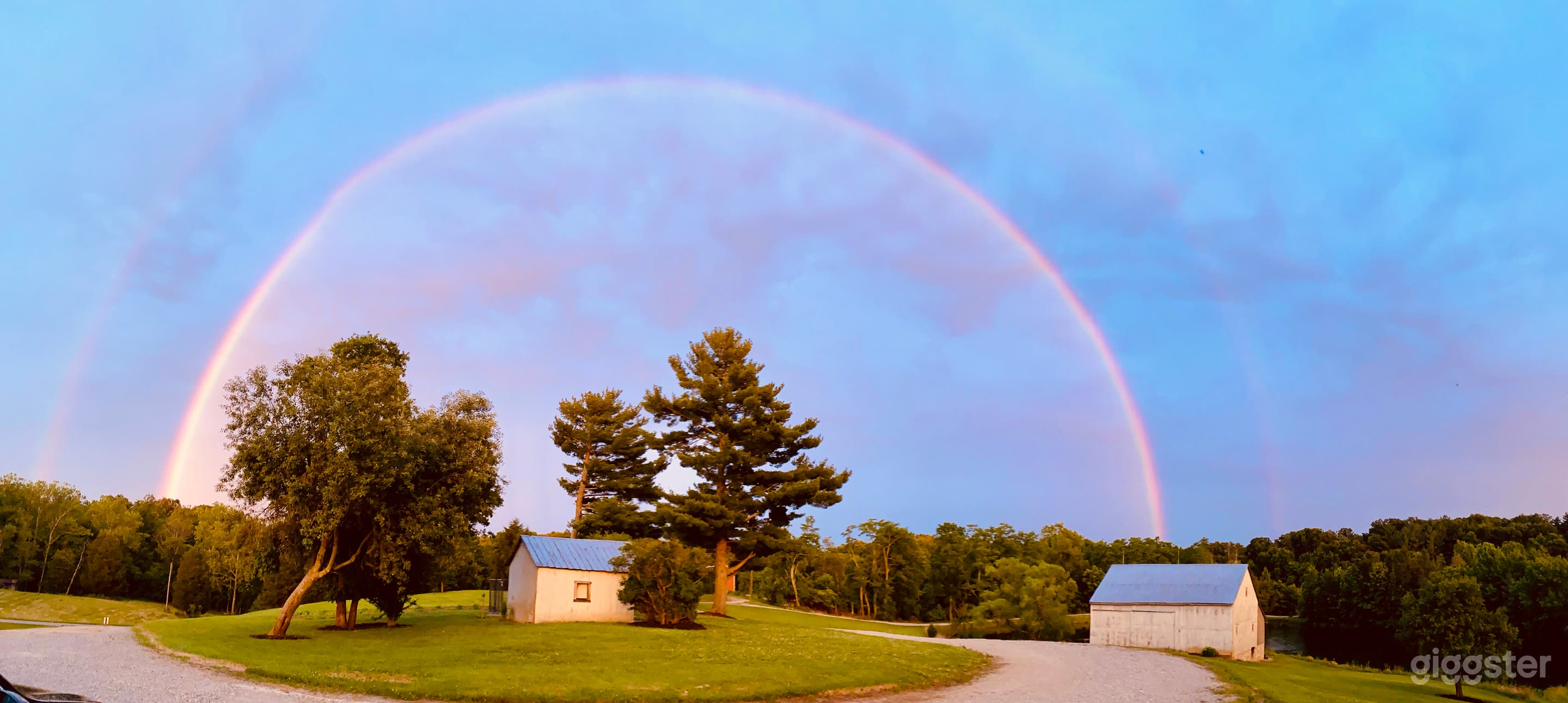 Under the rainbow ~Name inspired photo arcing 1870's barn and vintage garden shed while framing the pines, persimmon, and apple trees 