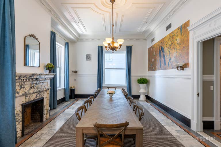  This elegant suite combines vintage fireplaces, Tiffany-style skylights, and custom furnishings — a refined setting for events, meetings, or shoots. 