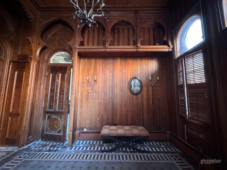  Original Tack Room with built in mahogany paneling and shelving bearing &quot;B&quot; for Barnanby. 