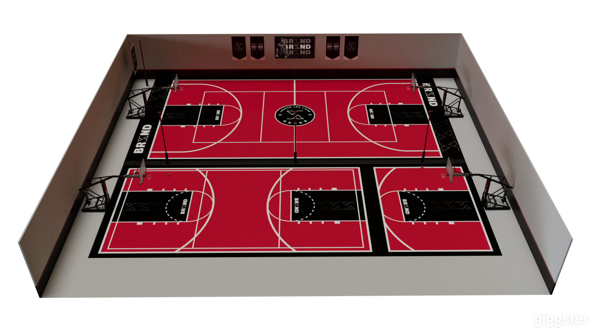 Full 3-court overhead. 4 basketball goals. 1 volleyball net. 