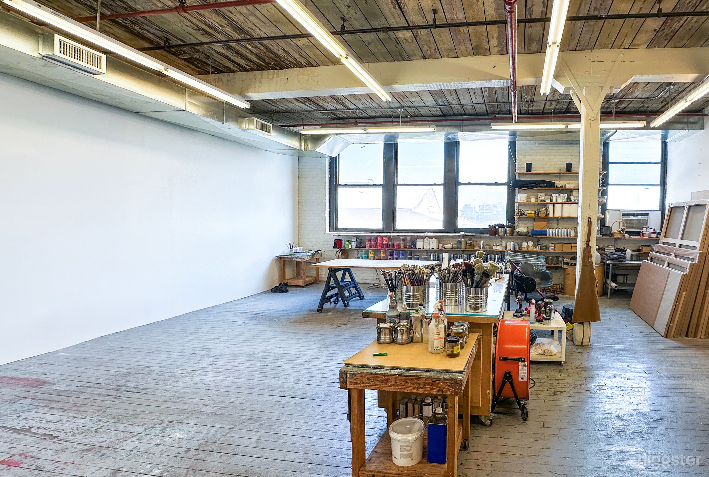 anything can be moved in and out of the space. all the work tables and furniture are on wheels and can be taken out 