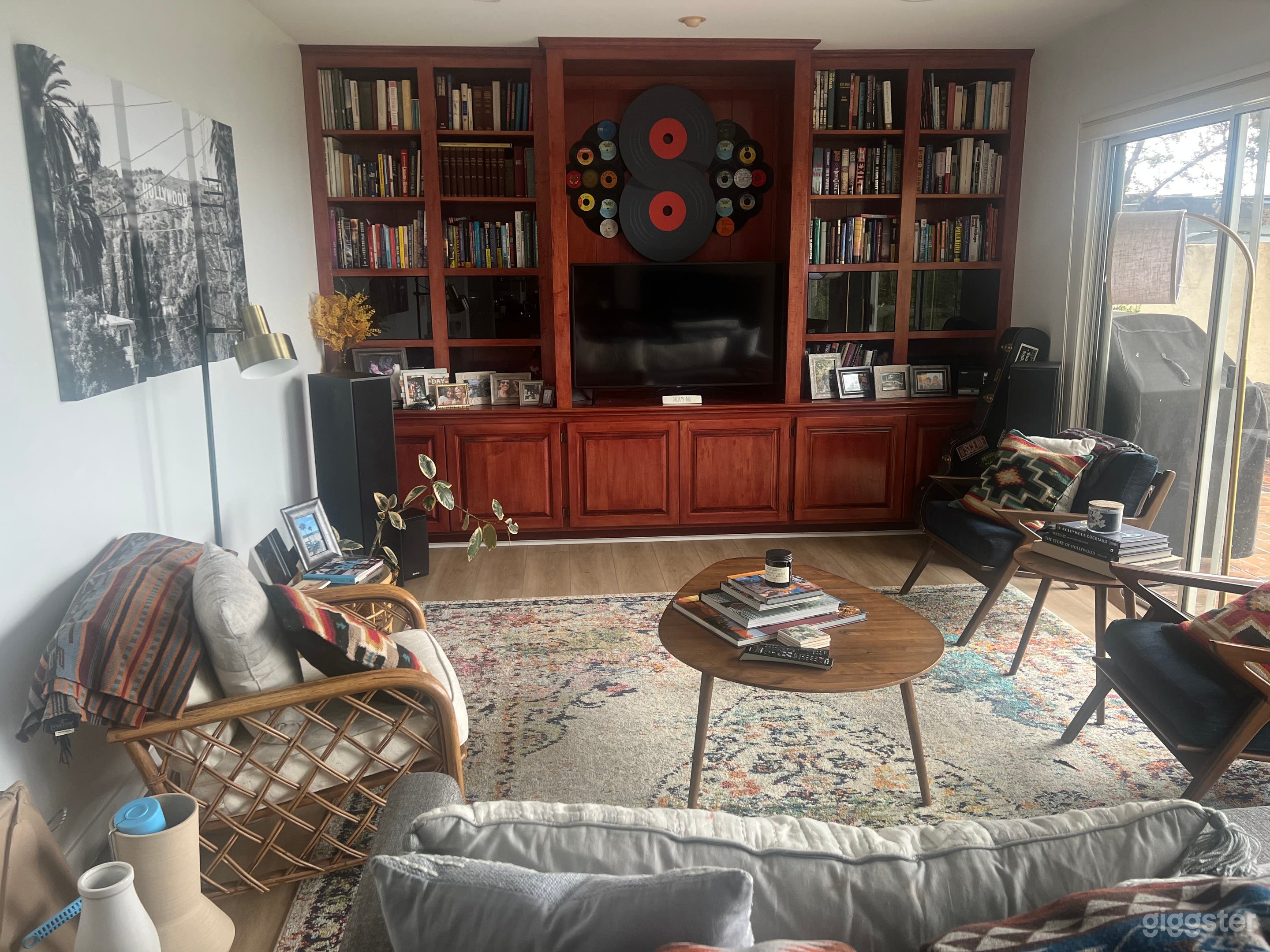 Den with built-in bookcase. 