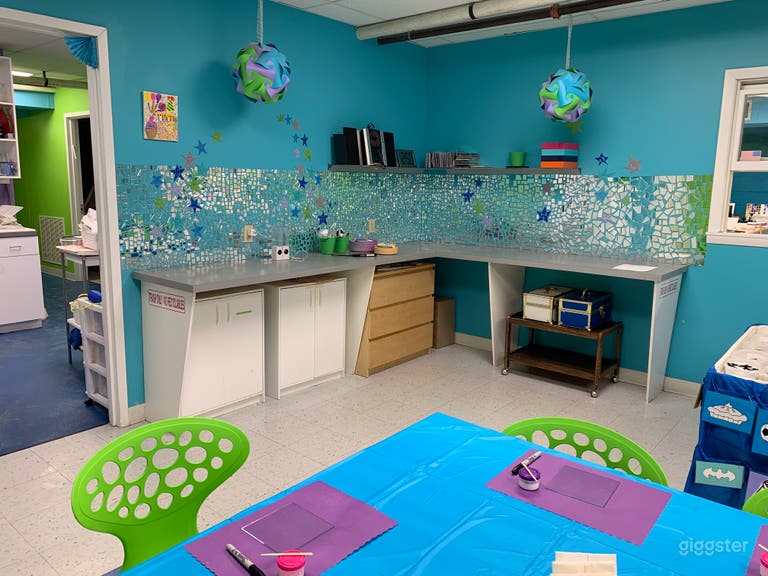  Countertop for displaying and serving food in the party space. 