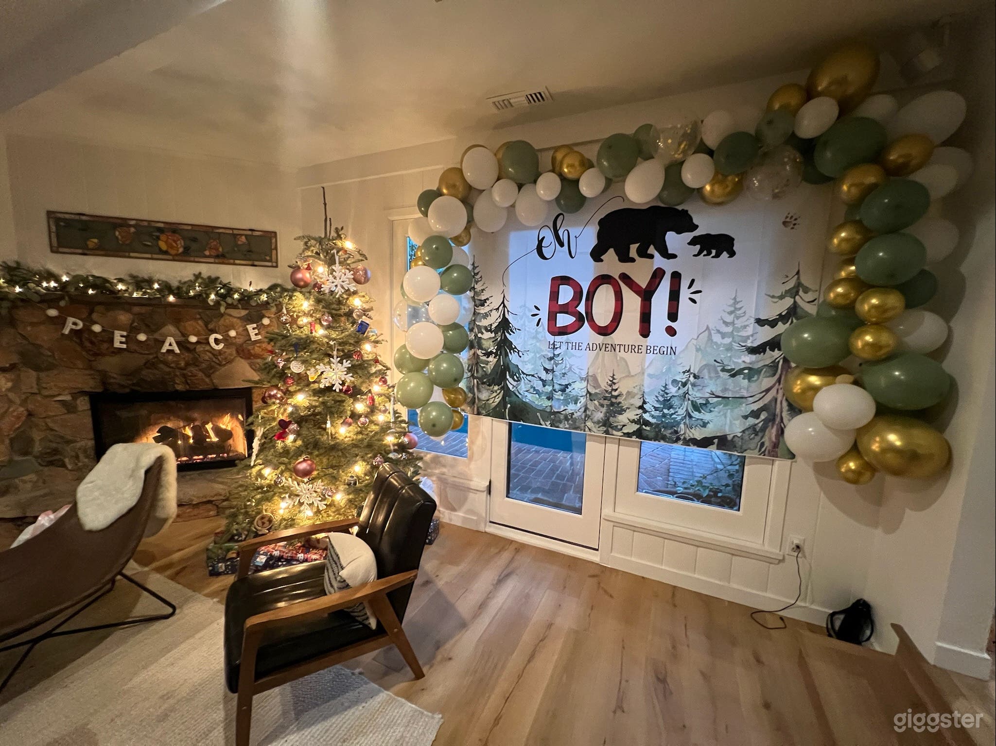 Sunken living room with working stone fire place, blonde oak floors, skylight, windows and two entry points 