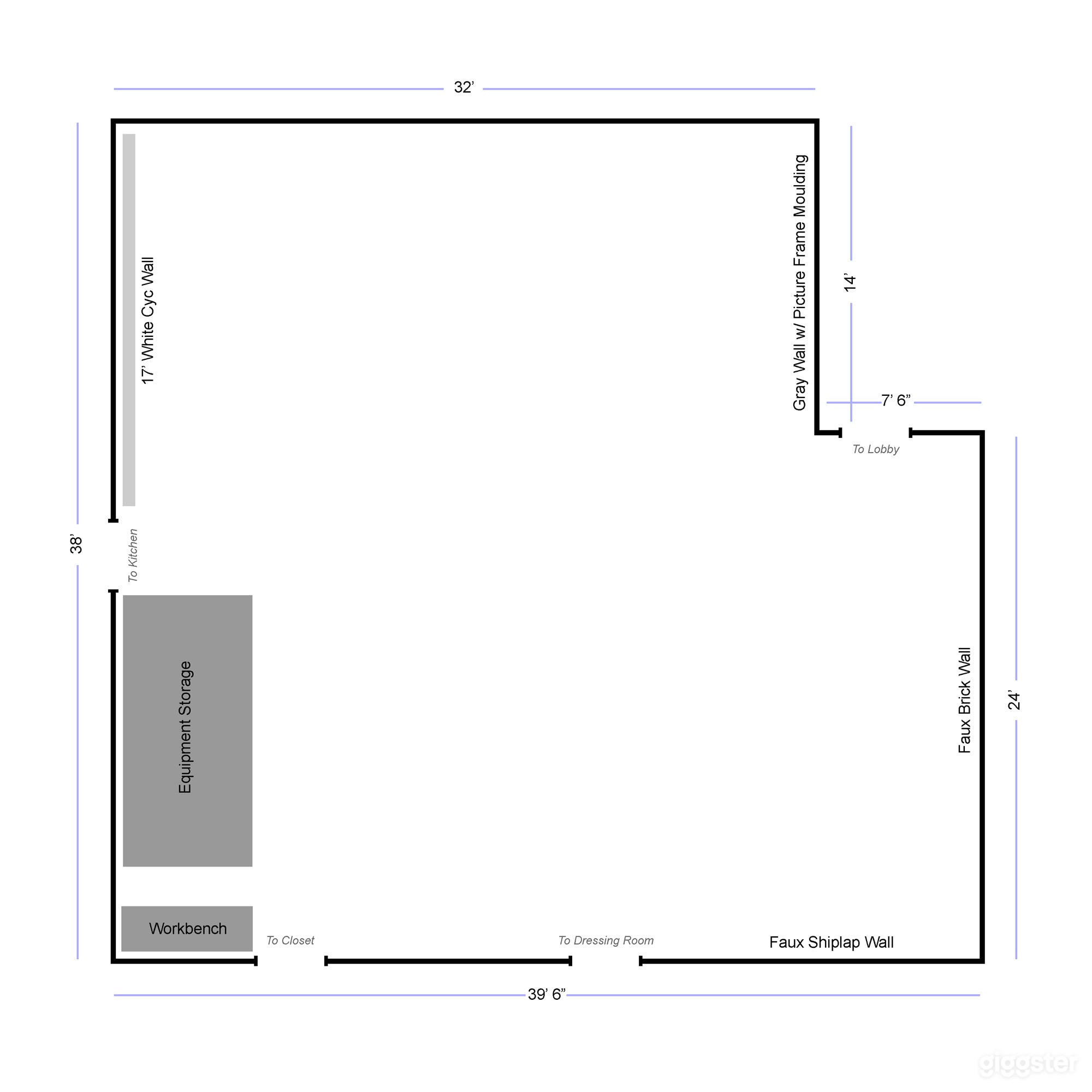 Schematic of studio space. We also have a lighting grid above the main studio space for hanging lights, etc. if needed.