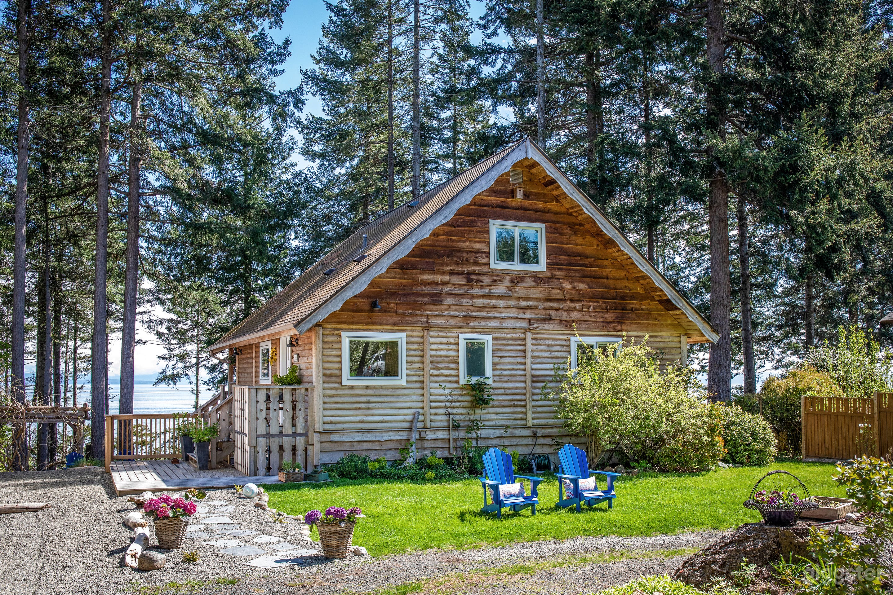 Exterior of Beach Chalet with ocean behind.