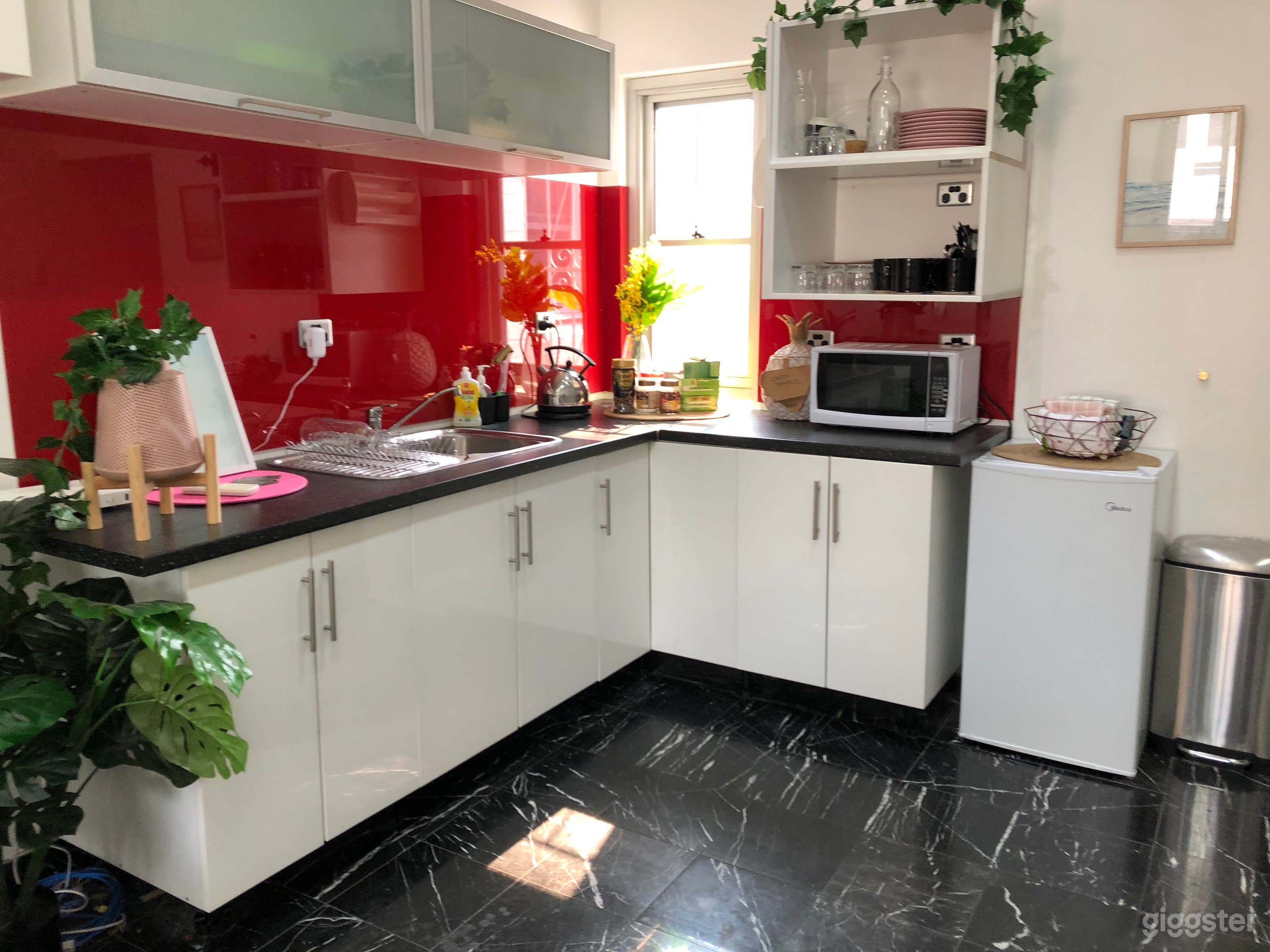 Access to kitchen, microwave, fridge and tea / coffee.