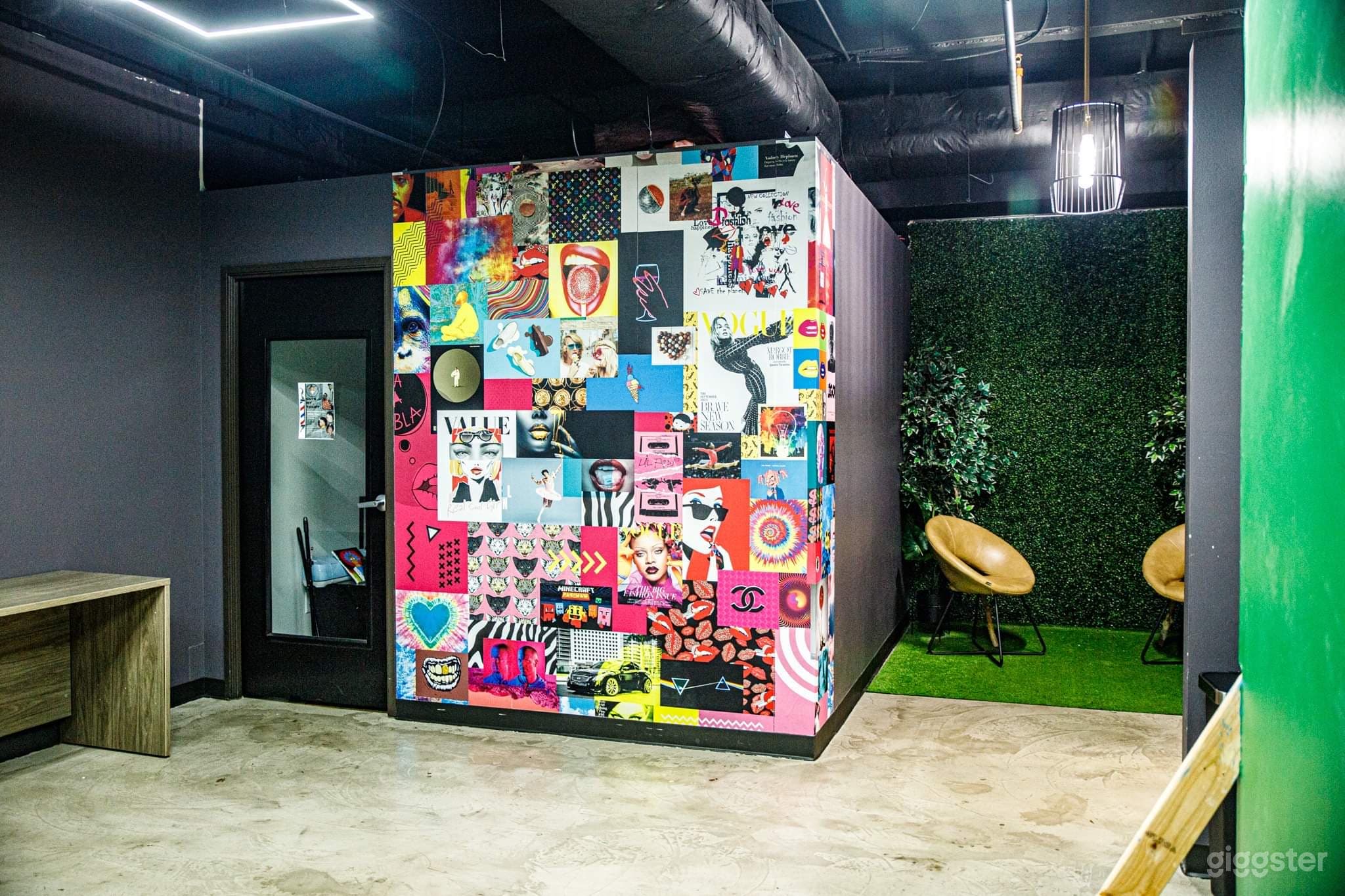 Photo collage wall and green grass wall