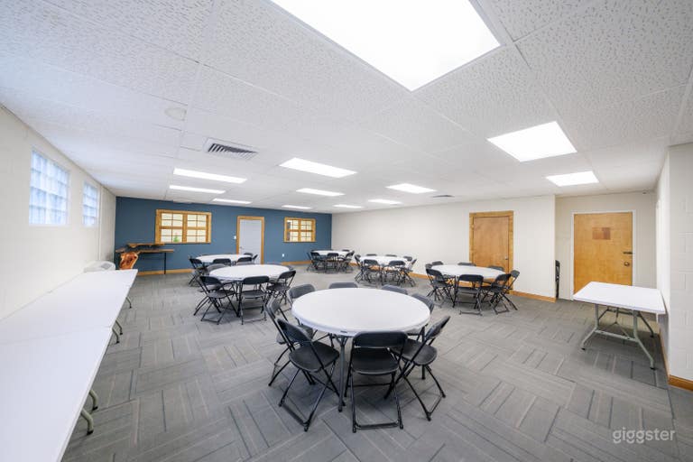  Room set up with 6 round tables (60”), each table seats 8. 