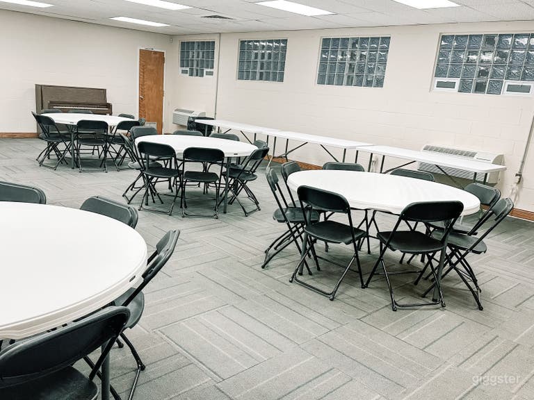  Room set up with 6 round tables (60”), each table seats 8. 