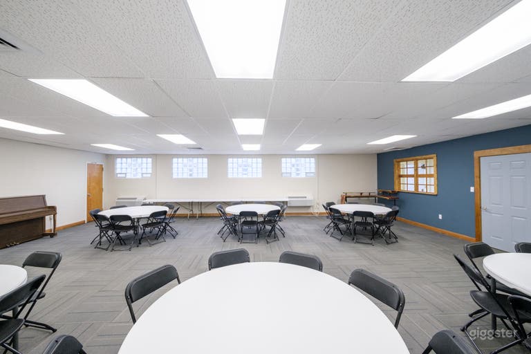  Room set up with 6 round tables (60”), each table seats 8. 