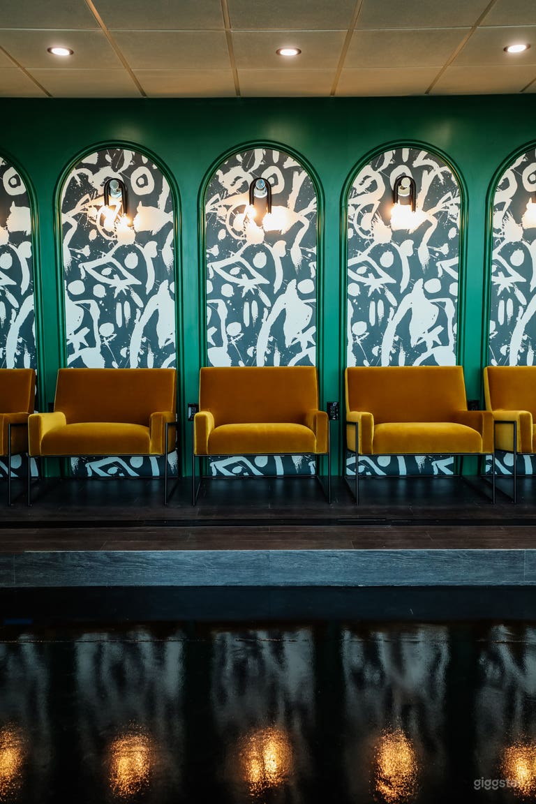  Yellow velvet chairs and custom archway work make great headshot or photo areas. Great light.  