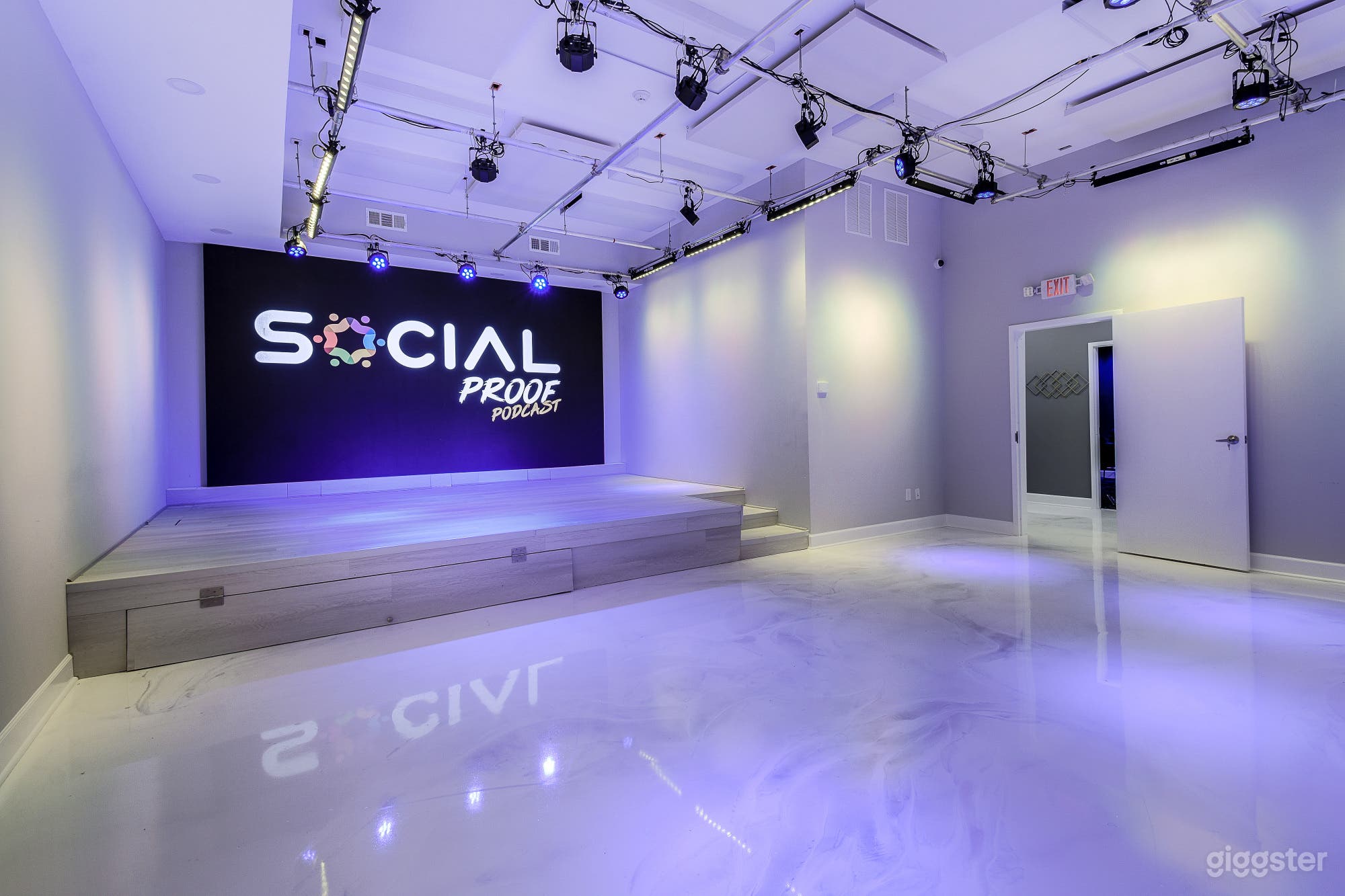 Our 1100 square foot event space has beautiful white epoxy marble floors. Open space with a designated sound booth area. Installed Sound system. Installed lighting production and a LED Screen