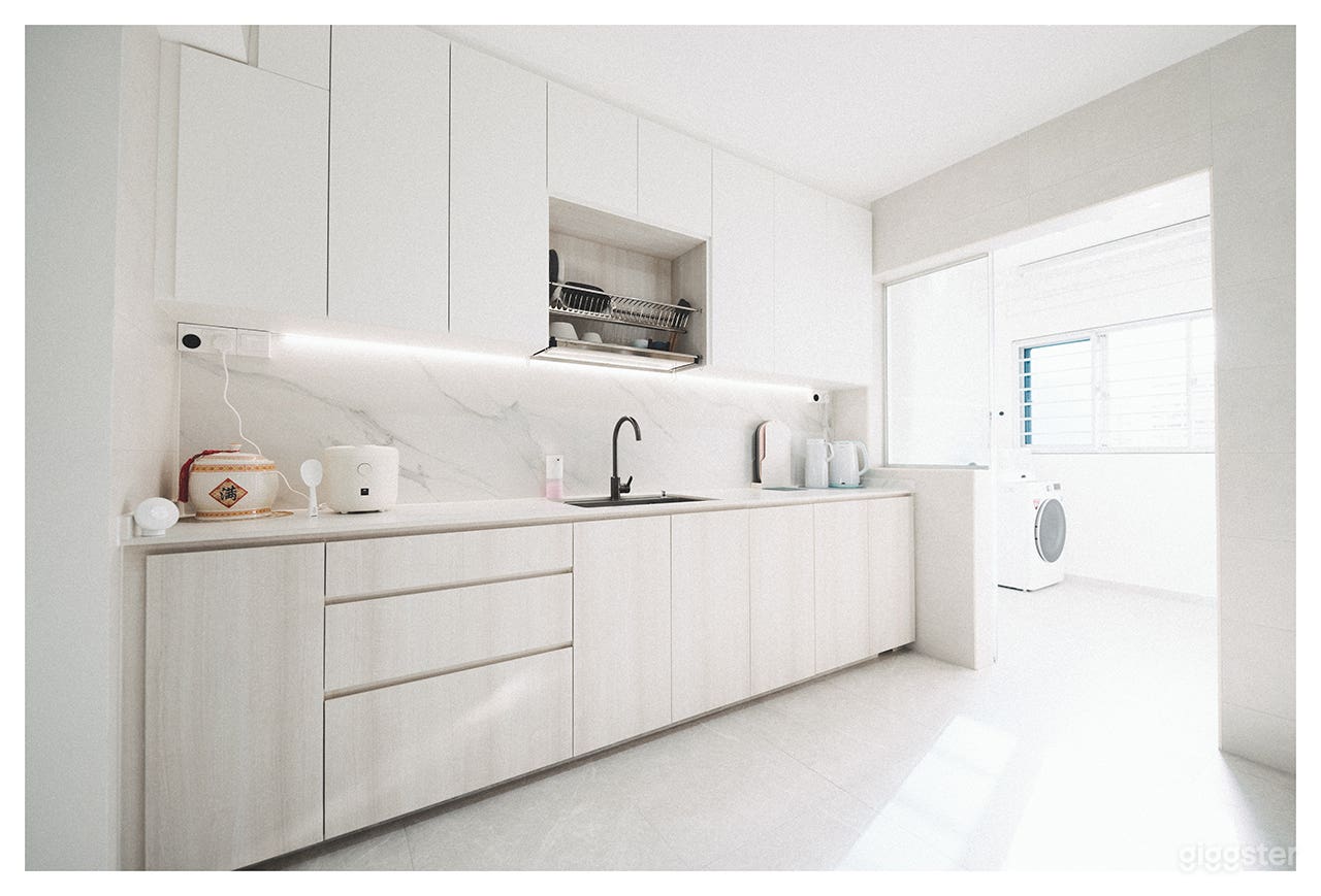 Large kitchen and yard area