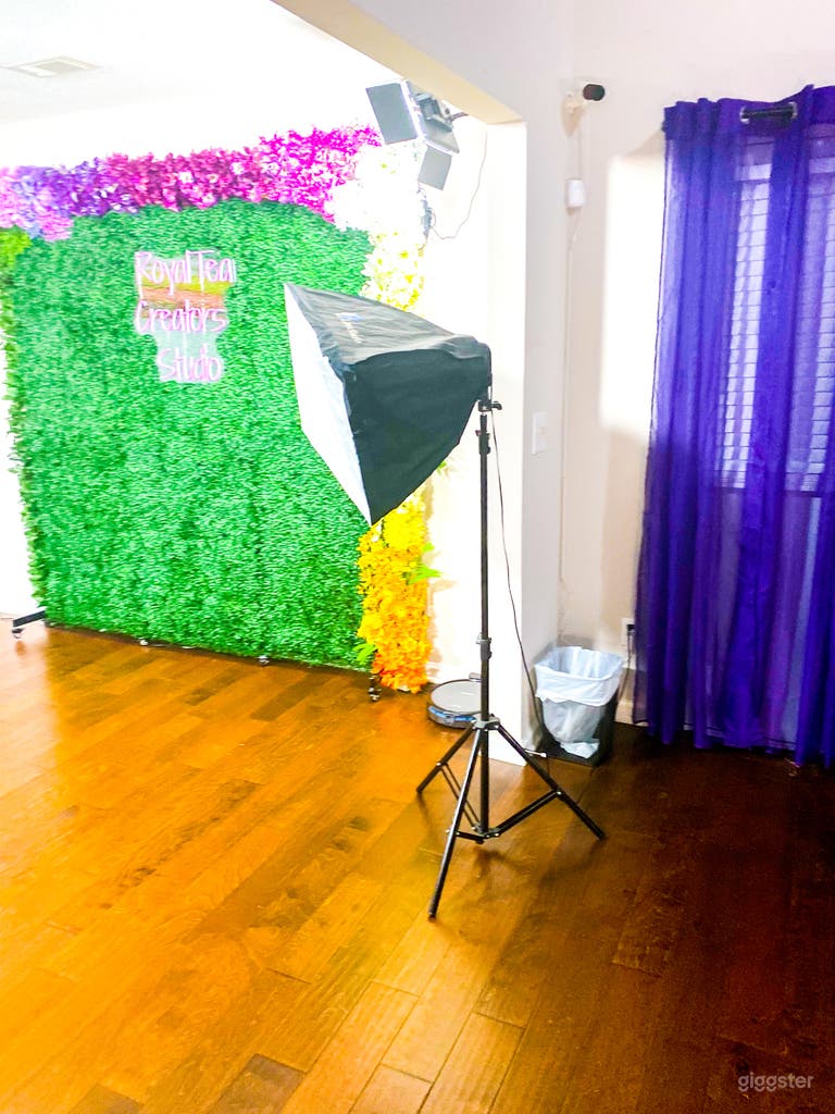  Floral grass wall. Photography area with backdrops. Bring your own camera and props. 