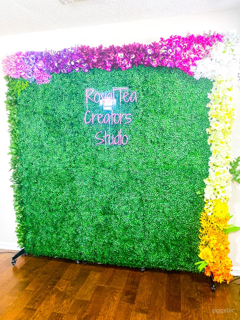  Floral grass wall. Photography area with backdrops. Bring your own camera and props. 