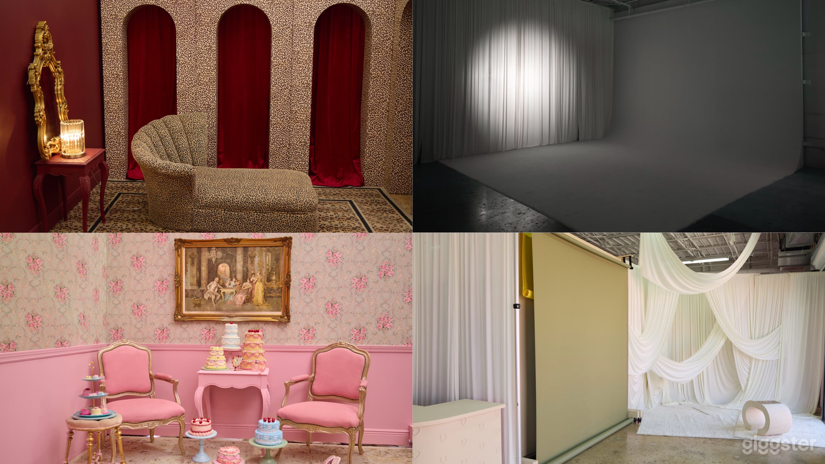 Our Leopard room, Studio light rentals + 20ft Cyc wall, Rococo Room, and our 10ft x 10ft automatic backdrop + white drapes room in our natural light studio area