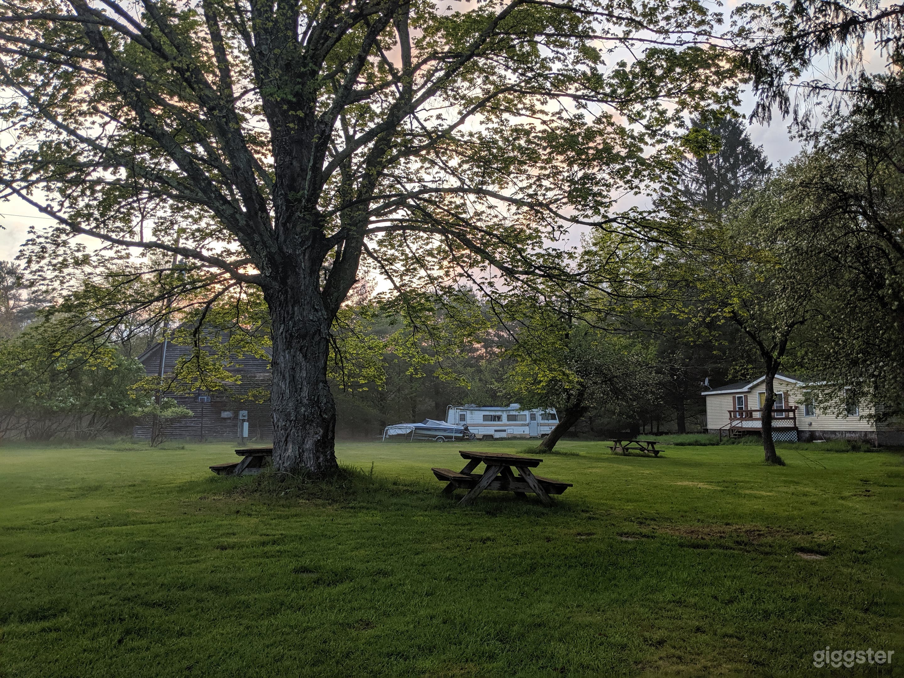 Oak tree with mobile home, RV, &amp; Barn in the background.