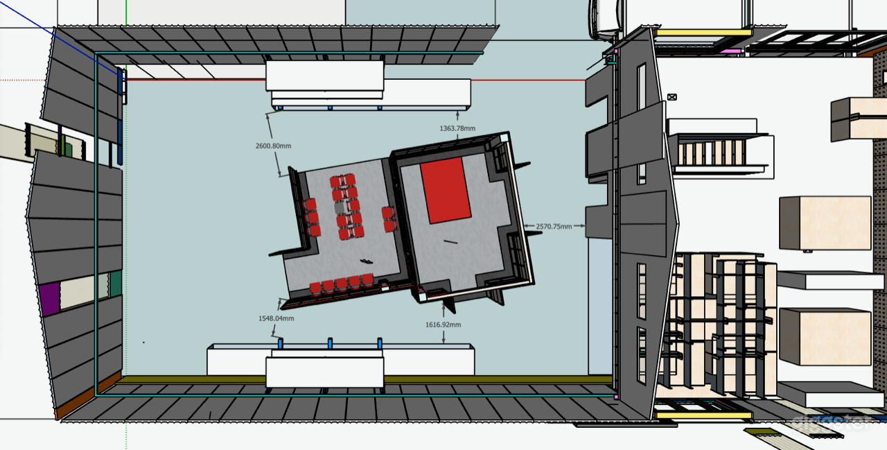 Set built in situ and filmed at the Workshop location.  See the set on the plan within the building