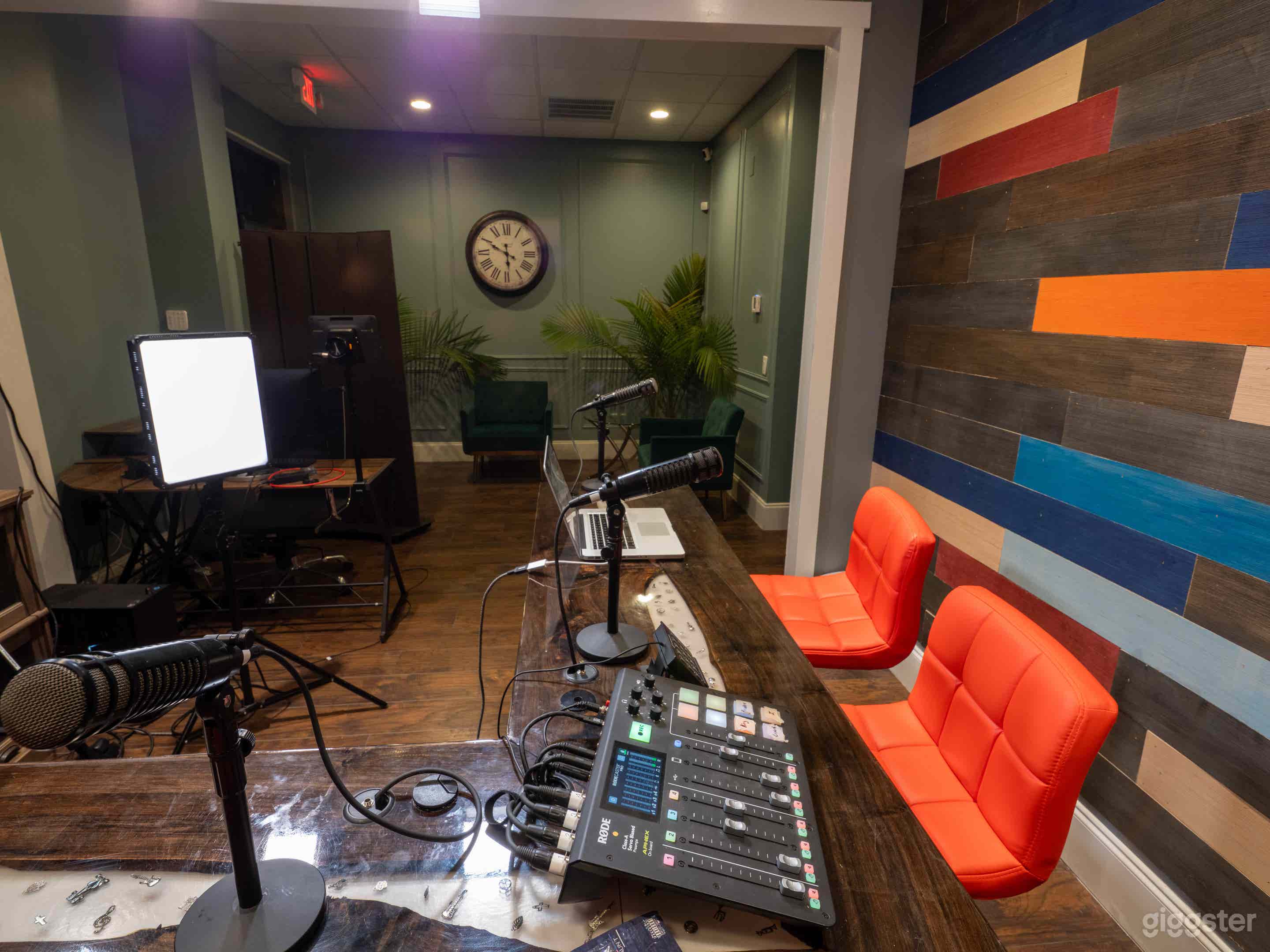 podcast studio, microphones, audio mixer, lighting, sets