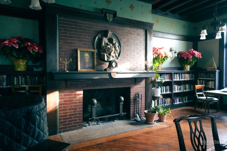  19th Century Space with Fireplace and Library 