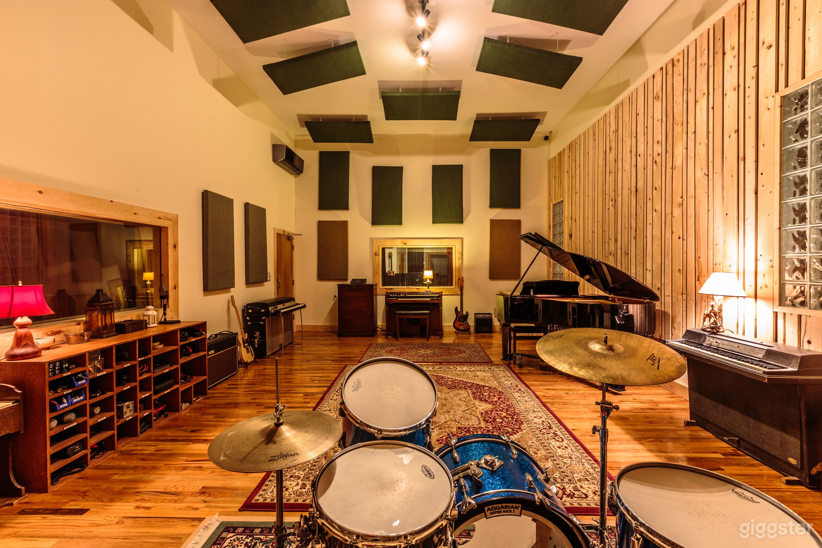 Live room with vintage Gretsch drum kit and piano.